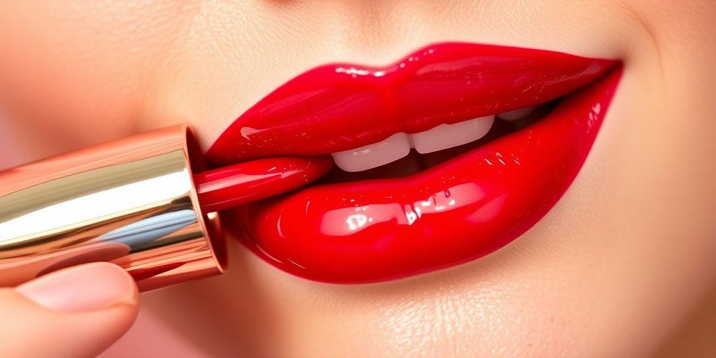 Glossy cherry red lip oil "Juicy Couture" providing intense hydration, a high-shine finish, and a subtle tint for a fresh and youthful appearance