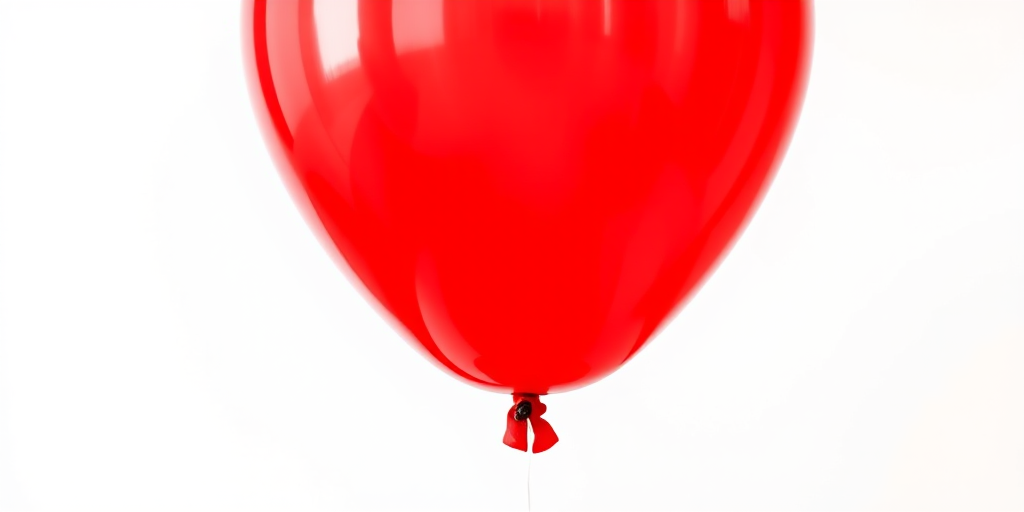 Create a high-resolution image of a red balloon isolated on a white background, use a 50mm lens aperture f/2.8 for a shallow depth of field, set the ISO to 100 for minimal noise, capture with a DSLR camera at eye level, with soft natural lighting to enhance details and reflections on the balloon surface.