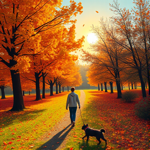 Colorful autumn landscape, with leaves falling gently from trees, a woman walking her dog along a leaf-strewn path, and the sun shining warmly through the branches.