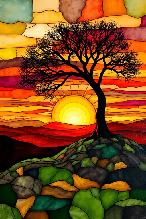 A vibrant abstract painting on Tiffany Glass, blending acrylic and alcohol ink techniques, captures a dramatic sunset over rolling hills. The artwork features a textured, rocky foreground in green and brown, layered abstract hills, and a striking sunset in rich oranges, yellows, and reds. A solitary black tree with intricate branches contrasts against the fiery sky, creating a dynamic and expressive portrayal of a breathtaking natural scene.