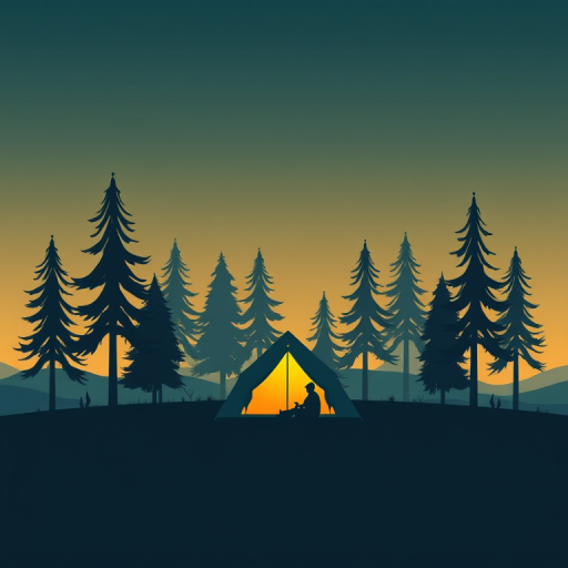 Create a minimalist digital illustration of a camping scene featuring a stylized tent surrounded by abstract trees, with a gradient sky in the background; use a digital art style; settings: 300 DPI, 1920x1080 resolution; camera view: landscape; camera type: digital illustration software.