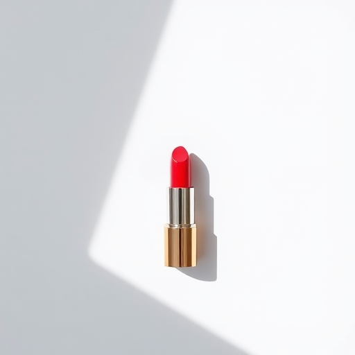 red lipstick on a white background, soft natural light, 50mm lens, aperture f/2.8, ISO 100, minimalistic composition, top-down view, DSLR camera