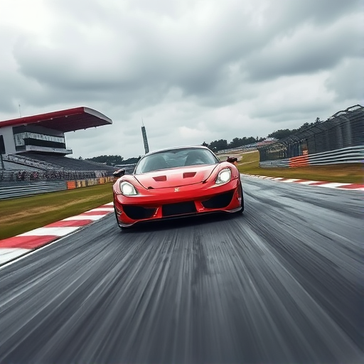 Capture an image of a racing car on a track during a dynamic race scene, using a DSLR camera with a 24-70mm lens, aperture set to f/2.8, shutter speed at 1/1000s, ISO 200, shot at a low angle for a dramatic perspective, in overcast lighting conditions to enhance the mood.