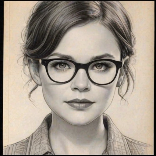 Captivating Ginnifer Goodwin, pencil sketch, portrait of Appealing woman 1929s in glasses, hair style beatnik, outline, clear lines, fine lines, 8k