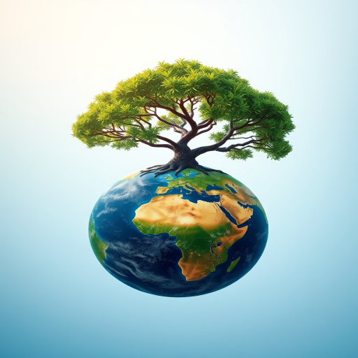 Create a digital illustration of a tree on top of a globe representing Earth, using a macro lens at f/8 for depth of field, ISO 100 for clarity, 50mm focal length, with a bright, smooth gradient background.