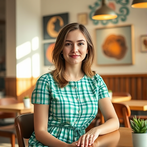 portrait of a young woman in a green checkered dress sitting at a table in a well-lit cafe with artistic wall decor, soft sunlight streaming in, DSLR camera, 50mm lens, aperture f/1.8, ISO 200, natural light, shallow depth of field, warm color tone