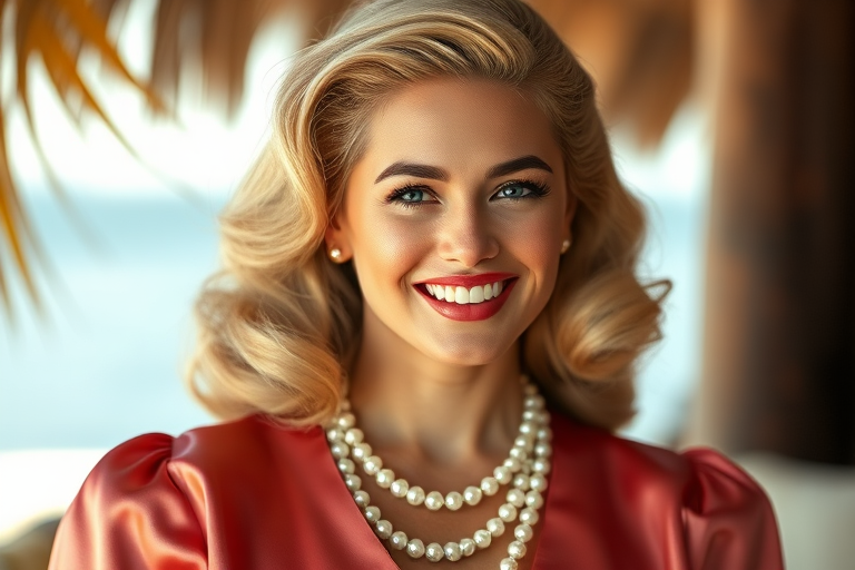 A beautiful Tahitian woman reminiscent of 1950s Hollywood glamour, with perfectly styled blonde hair and a seductive smile, dressed in a satin blouse and adorned with pearls, soft and warm tones, photorealistic, 8K