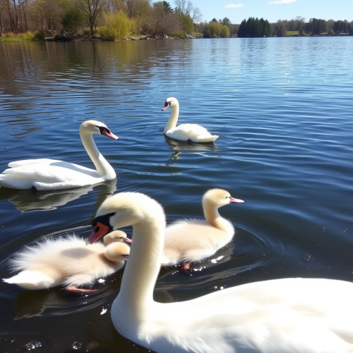A serene lake scene showcasing four swans swimming gracefully, captured with a Canon EOS 5D Mark IV, 50mm lens, f/2.8 aperture, ISO 100, with a low angle perspective to emphasize the ducklings and the calm water surface, under bright daylight for vibrant colors.