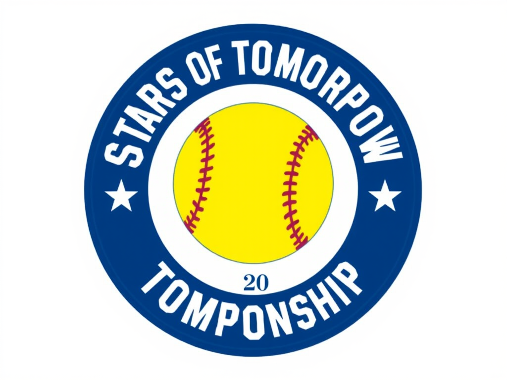 Create a high-resolution graphic of a circular logo featuring a yellow softball at the center, surrounded by the words "STARS OF TOMORROW" in bold, and "20 CHAMPIONSHIP 19" in smaller text, use vector-style design, set parameters for a digital illustration with 300 DPI, shot from a front view with a clean, minimal background to enhance clarity and detail.