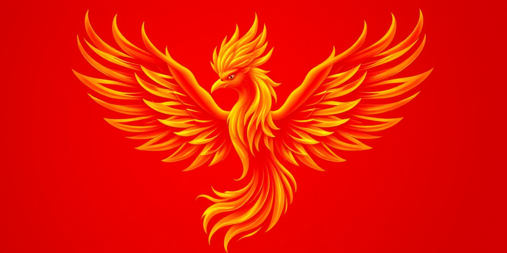 Create a high-resolution digital illustration of a stylized phoenix with flames, set against a vibrant red background, using a Canon EOS R5 camera at f/1.8, ISO 100, and a 50mm lens, in a top-down view with a focus on sharp details and vivid colors.