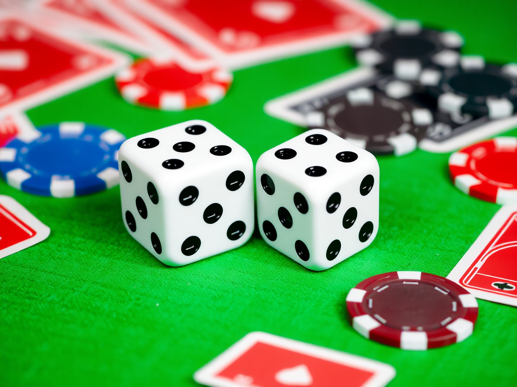 high-quality image of two white dice on a vibrant green background with red and black playing cards and casino chips scattered around, captured using a DSLR camera with a 50mm lens at f/1.8, ISO 200, and a shallow depth of field to enhance focus on the dice while blurring the background.