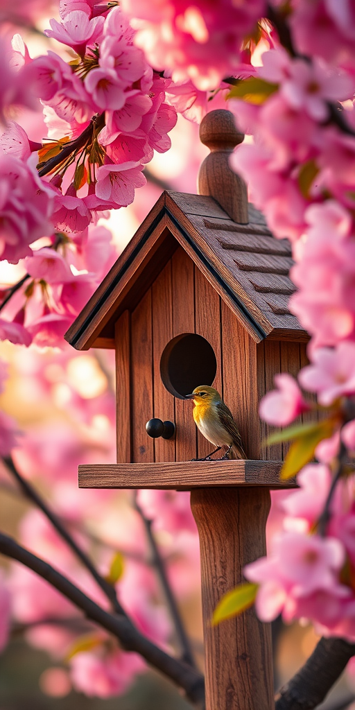 Capture a close-up shot of a wooden birdhouse nestled among vibrant pink cherry blossoms with a shallow depth of field, using a DSLR camera with an aperture of f/2.8, ISO 100, and a focal length of 50mm, ideally during golden hour for warm lighting.