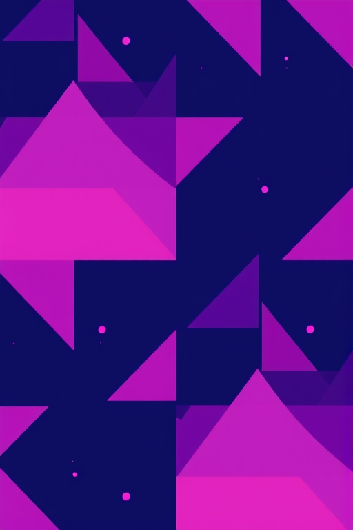 Generate a vibrant abstract pattern featuring dynamic shapes like triangles and geometric figures in purple and pink tones against a deep navy background, using a DSLR camera with a 50mm lens, aperture set to f/2.8, ISO 100, and a shallow depth of field for enhanced sharpness and color vibrancy.