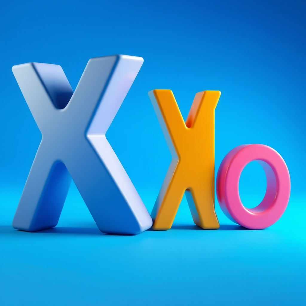 Create a 3D rendering of bold, colorful letters "XXL" with a smooth surface and dynamic lighting, using a Canon EOS 5D Mark IV, 85mm lens, f/1.8 aperture, ISO 100, soft focus background, vibrant blue backdrop, high contrast for clarity.