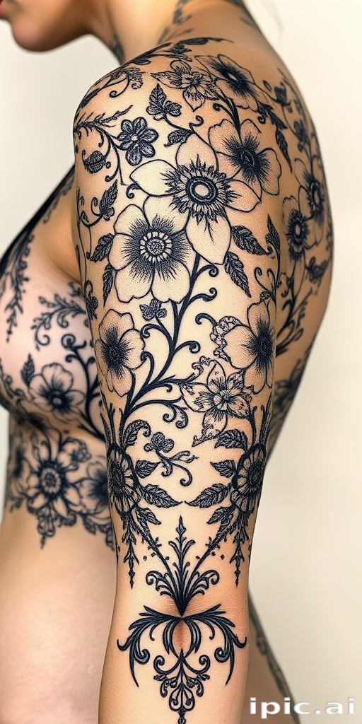 Ornamental blackwork tattoo dubbed "Lace Elegance" featuring delicate floral and filigree patterns inspired by intricate lace designs covering large areas of skin with mesmerizing detail