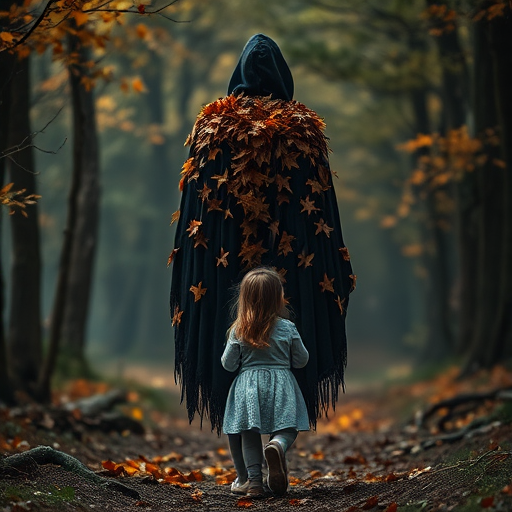 Create a mystical forest scene featuring a figure with an intricately detailed cloak made of autumn leaves, standing protectively in front of a small girl walking towards a glowing path, captured with a Canon EOS R6, 50mm lens, f/1.8, ISO 100, with a soft-focus background and dramatic lighting to enhance the ethereal atmosphere.