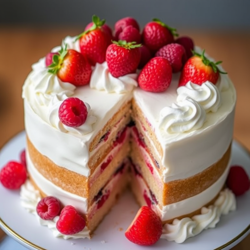 A beautifully decorated layered cake with fresh strawberries and raspberries on top surrounded by whipped cream, showcasing a slice removed to reveal the cake's interior layers of sponge and berry filling.
