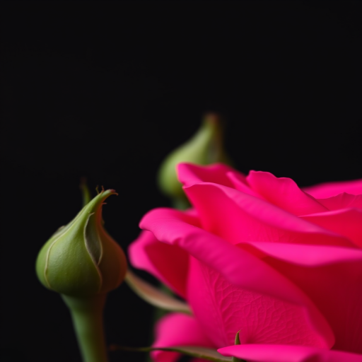 Close-up of a vibrant pink rose with green buds against a dark blurred background, captured using a Canon EOS 5D Mark IV, 50mm f/1.8 lens, aperture f/2.8, ISO 100, shutter speed 1/200s, natural light, macro photography style.