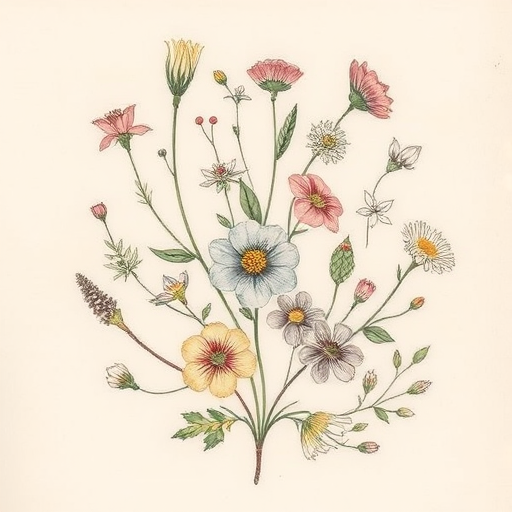 Illustrative botanical tattoo showcasing a variety of delicate flowers and leaves, rendered in a vintage botanical illustration style with fine lines and subtle color washes for a timeless aesthetic