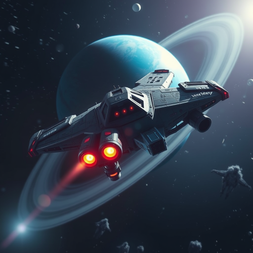 detailed sci-fi spaceship flying in space near a blue planet and ring system, high contrast, vibrant colors, dynamic lighting, camera settings: f/8, ISO 100, shutter speed 1/200, camera view: wide-angle, camera style: digital art, camera type: DSLR