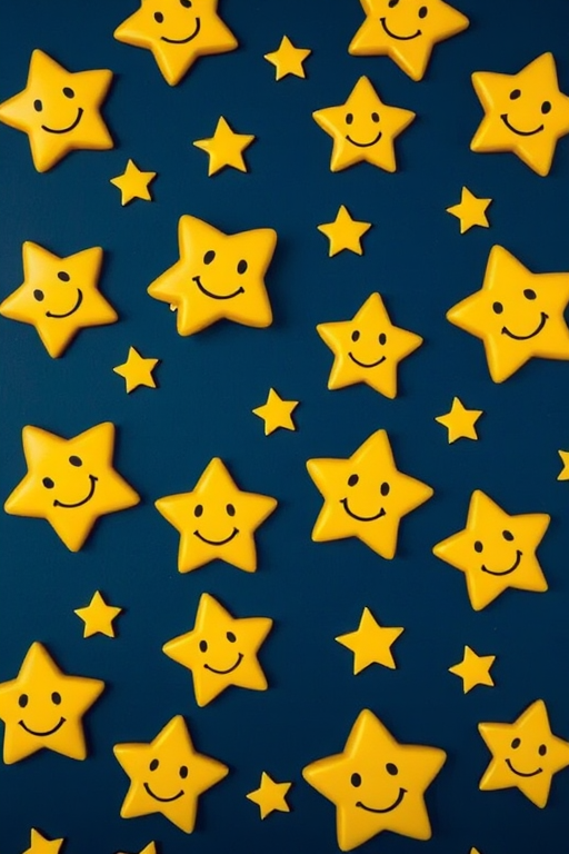 Create a whimsical pattern of smiling golden stars on a deep blue background, 50mm lens, f/8 aperture, 1/250 sec shutter speed, shot from a top-down view using a digital mirrorless camera to enhance image clarity and detail.