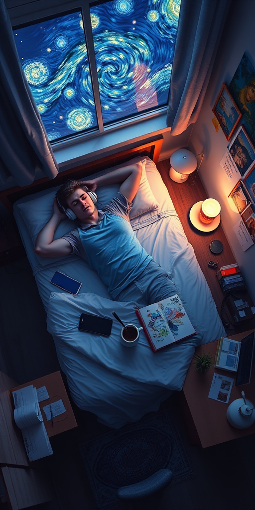 A top-down Van Gogh-style painting of a young man lying on his bed, listening to music with headphones. The room is softly lit with deep blues and purples, creating a peaceful nighttime atmosphere. The bed has a soft pillow, and the man's arms are resting behind his head. Around the bed, various glowing gadgets such as a smartphone, a laptop, and a small lamp are visible, casting a gentle light. The rest of the bedroom includes a desk with books, a chair, and a small rug on the floor. A window near the bed reveals a starry night sky with swirling stars, reminiscent of Van Gogh's 'Starry Night.' On the desk, there is a sketchbook with colorful drawings, a cup of coffee steaming gently, and a small potted plant. The walls have posters of famous paintings and a corkboard with pinned notes and photos. The scene is full of dynamic, swirling brushstrokes, capturing the essence of Van Gogh's unique style. The overall mood is serene and contemplative, with a touch of artistic inspiration.