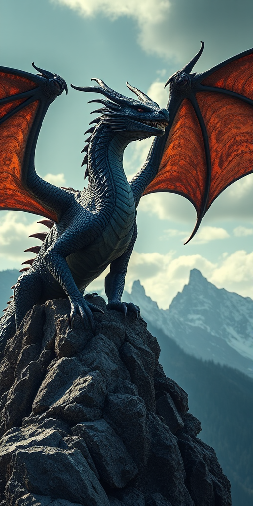 Create a highly detailed image of a majestic dragon perched on a rocky outcrop with mountains in the background, using a DSLR camera with a 50mm lens at f/1.8, ISO 100, and a shutter speed of 1/200s for dramatic lighting and sharp focus, with a low-angle view to emphasize the dragon's presence and power, in a cinematic style.