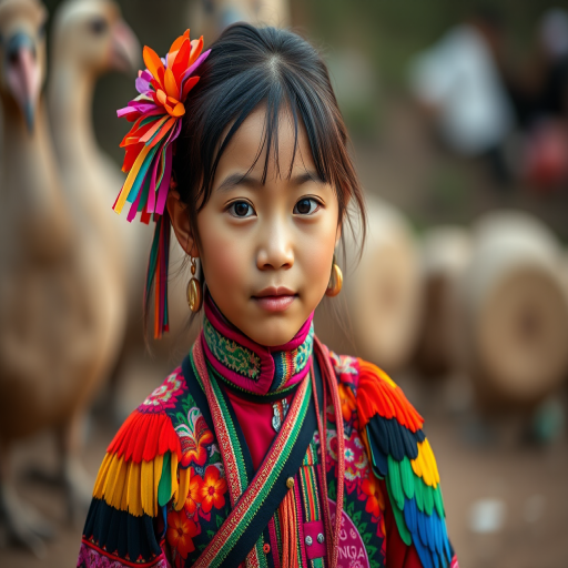A beautiful Miao girl, wearing colorful bird clothing with vibrant colors