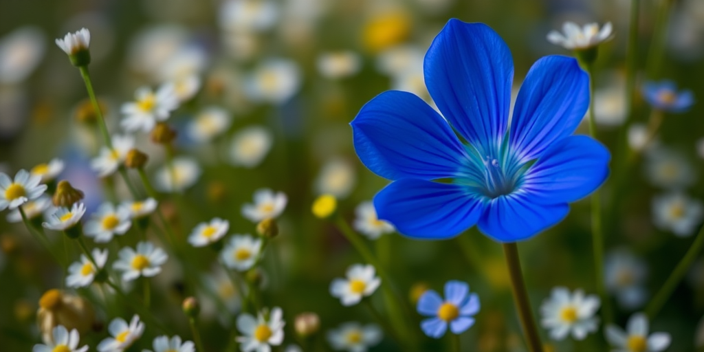 Close-up of a vibrant blue flower surrounded by a blurred field of white and green wildflowers, shot with a DSLR camera at f/2.8, 1/250s, ISO 100, 50mm lens, natural light, shallow depth of field to enhance detail and color contrast.