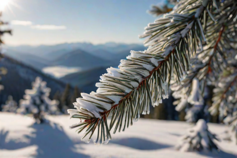 Sharp, detailed close-up of a snow-covered pine branch, soft sunlight reflecting off the icy needles, with distant snow-capped mountains blurred in the background.