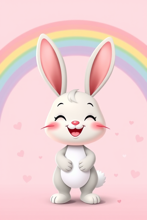 Create a cute cartoon bunny character with a big smile, standing under a vibrant rainbow on a soft pink background with small hearts, using a digital art style, 4K resolution, 50mm lens, f/2.8 aperture, and soft lighting.