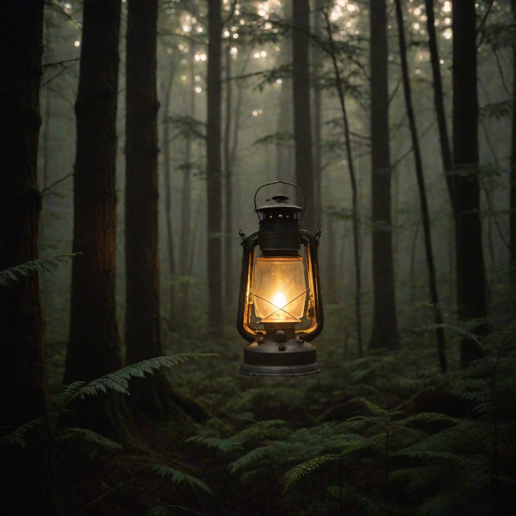 A glowing lantern in a dark forest, casting a soft golden light, with the words "Soft Glow" subtly illuminated within the mist      , aidmasoftglow