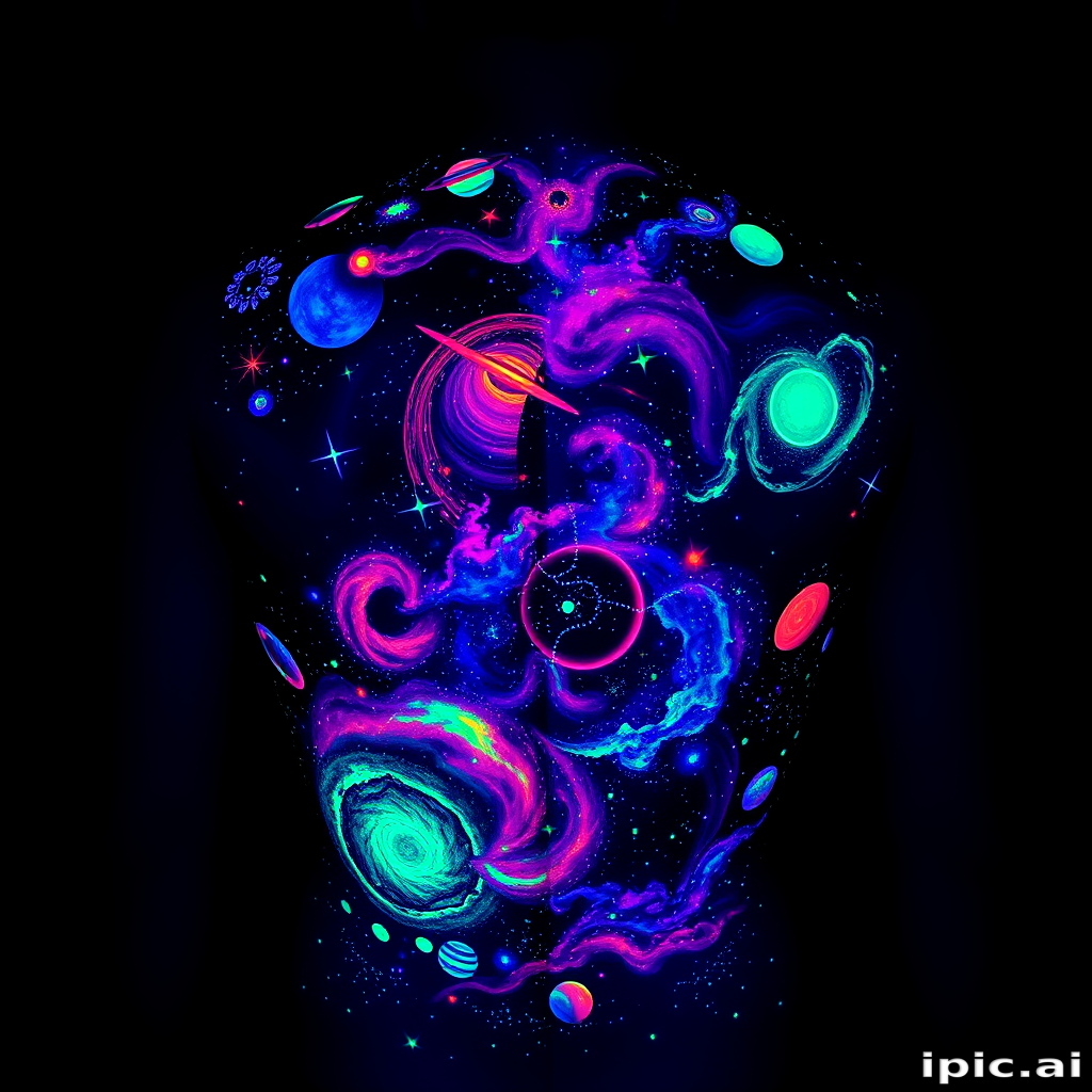 Ethereal UV ink galaxy tattoo spanning the entire back, depicting swirling nebulas, twinkling stars, and distant planets, glowing brilliantly under blacklight for a mesmerizing effect