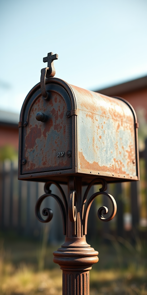 Create a highly detailed 3D render of an old rusty mailbox on a decorative post, captured from a low angle with a 35mm lens, f/2.8 aperture, ISO 100, natural lighting to emphasize textures and colors, using a DSLR camera for high image quality.
