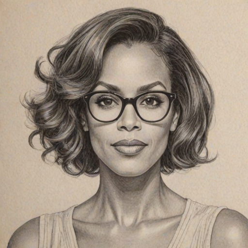 Enchanting Nicole Ari Parker, pencil sketch, portrait of Pleasing woman 1952s in glasses, hair style beatnik, outline, clear lines, fine lines, 8k