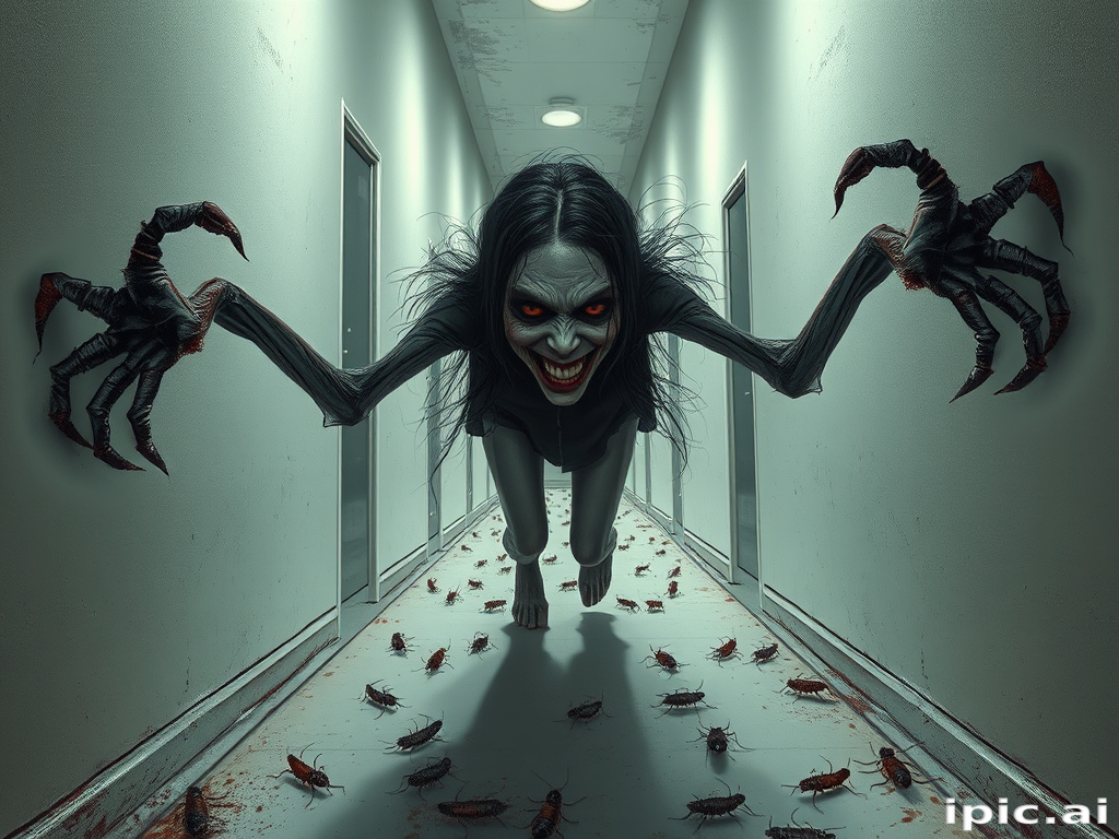 a crooked woman with long arms and a creepy smile is crawling along a long white corridor and you can also see cockroaches in it there is a creepy atmosphere creepy art style