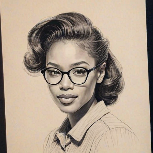 Dazzling Kylie Bunbury, pencil sketch, portrait of Charming woman 1940s in glasses, hair style beatnik, outline, clear lines, fine lines, 8k