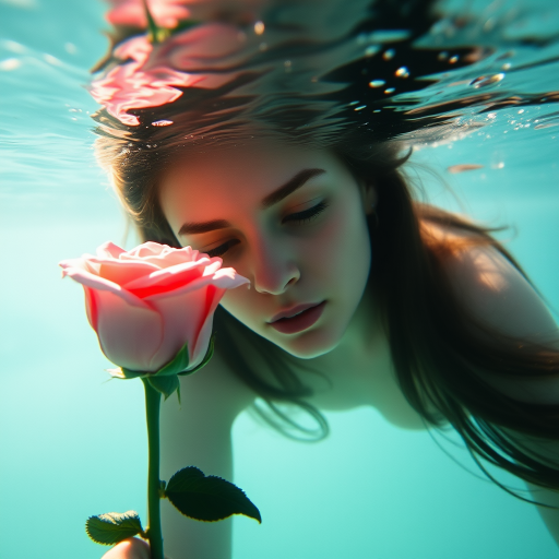A woman underwater, gazing at a rose Her face is reflected in the water's surface The scene is illuminated by sunlight filtering through the water The atmosphere is serene and contemplative