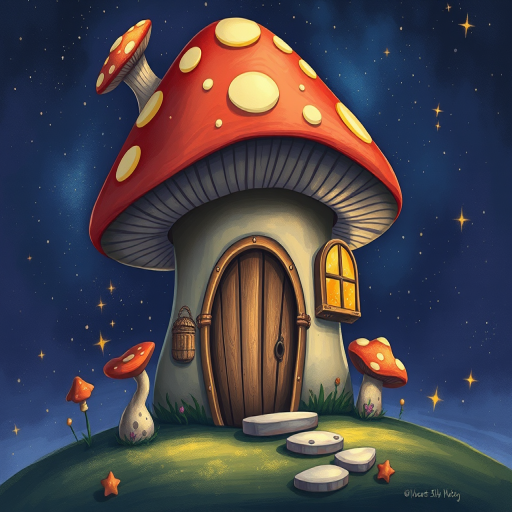 this picture is illustration of a mushroom house with a door and a window, a storybook , fantasy art, mushroom house, bg starry sky, sparkles
