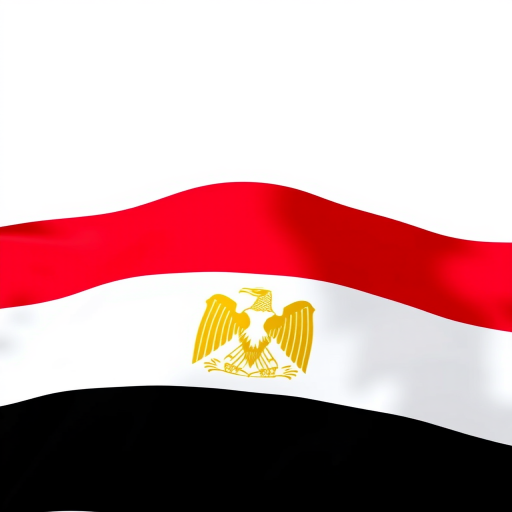 Create an image of the flag of Egypt featuring a red top stripe, a white middle stripe, and a black bottom stripe with the golden eagle emblem in the center, captured with a DSLR camera at f/8 aperture, ISO 100, 24mm focal length, shot from a straight-on view for clarity and vibrant colors.