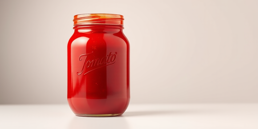 Create a high-resolution vector illustration of a jar of tomato sauce with a glossy finish, focusing on realistic reflections and shadows, with a soft gradient background; camera settings: ISO 100, shutter speed 1/60s, aperture f/4; camera view: close-up, camera style: product photography, camera type: digital DSLR.