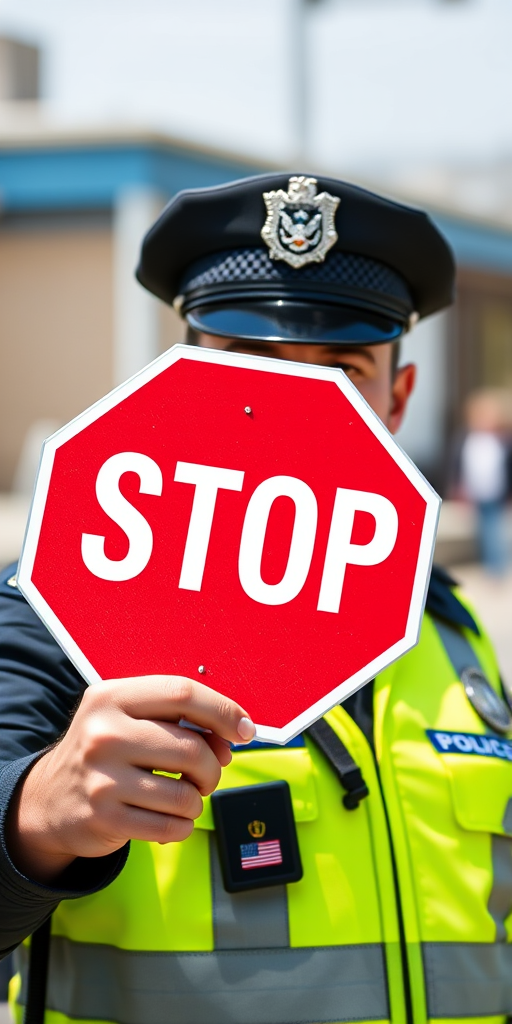 Generate a high-resolution vector image of a police officer holding a stop sign, captured with a DSLR camera at f/8 aperture, ISO 200, 50mm lens, natural lighting for enhanced clarity and detail.