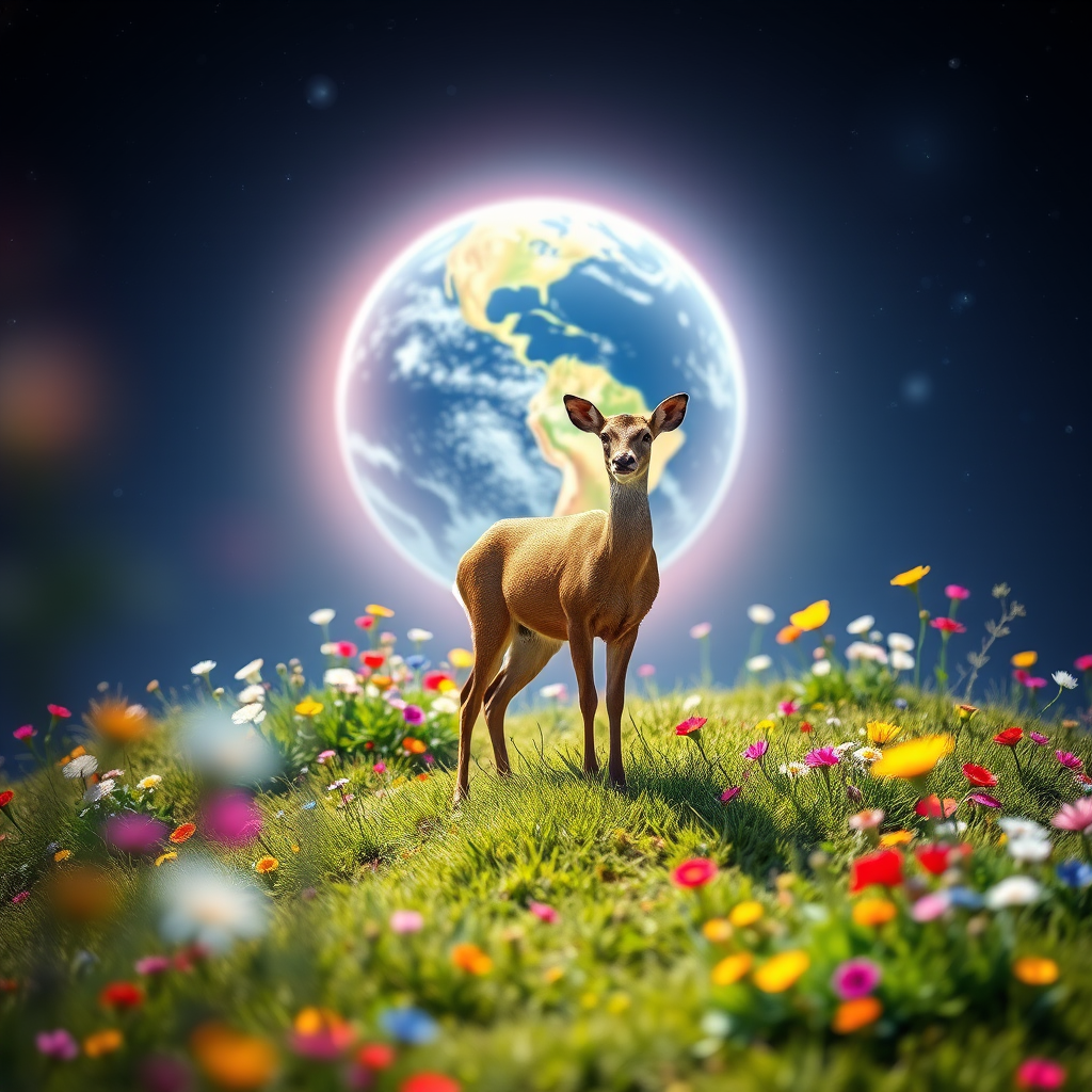 Create a vibrant fantasy scene featuring a deer standing on a grassy hill surrounded by colorful flowers with a glowing Earth in the background, captured with a DSLR camera, f/2.8 aperture, 50mm lens, ISO 100, sunny lighting, and a slight bokeh effect for depth.
