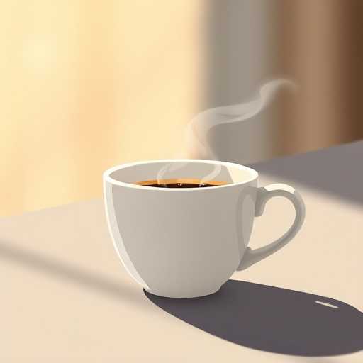 Create an illustration of a steaming coffee cup in a minimalistic style using a 50mm lens, f/1.8 aperture for a shallow depth of field, natural light, and a close-up perspective with a high-resolution digital camera.