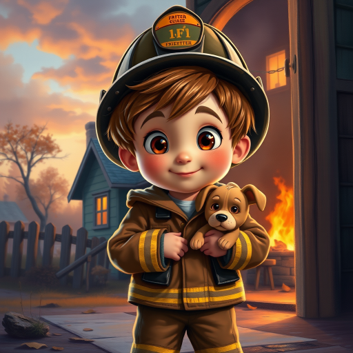 airbrushed oil painting, pixar style, cute little boy in fireman gear, helmet, tousled hair, expressive eyes, standing in the doorstep of a cottage burning behind him, holding a cute little dog in his arm, atumn sky