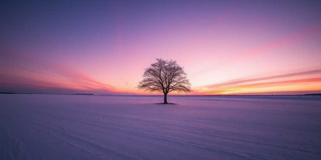 Sharp, high-contrast photo of a lone tree standing in a vast, snow-covered field at dusk, soft pink and purple hues painting the sky, shadows stretching across the snow, and a sense of isolation and beauty.