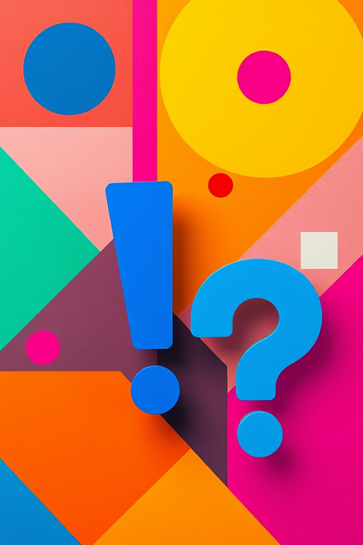 create an abstract digital art piece featuring large blue exclamation and question marks amidst colorful geometric shapes, use a Canon EOS 5D Mark IV with a 24mm lens, aperture f/8, shutter speed 1/125s, ISO 200, shot in a high-resolution style with vibrant colors and clean lines