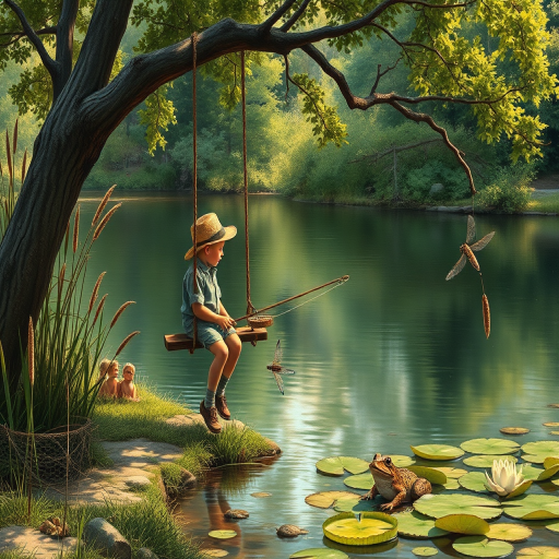 Imagine a small group of old fashioned young boys out fishing by the creek, a swing hanging from a tree branch, reeds and grasses by the water's edge, a frog sitting on a lily pad, dragonflies hovering over som water plans, a very iconic old fashioned scene reminiscent of a Norman Rockwell painting style