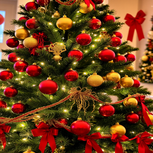 Create a festive image of a beautifully decorated Christmas tree filled with vibrant red and gold ornaments. The tree should be adorned with twinkling white lights, and there should be a warm, cozy atmosphere. Include ribbons and other holiday decorations to enhance the festive feel.