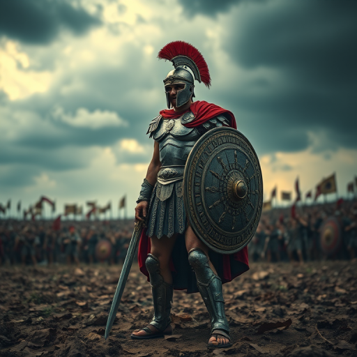 Create a dramatic scene of a fierce Roman gladiator standing amidst a battlefield, equipped with a sword and shield, wearing detailed armor and a red cape, under a stormy sky, captured with a DSLR camera at f/2.8 aperture, ISO 100, shutter speed 1/250s, in a low-angle view to emphasize power and strength, using a cinematic style for enhanced contrast and texture.
